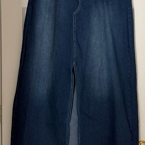 HALARA Dark Indigo Stretch Denim Maxi Skirt Front Slit A-Line